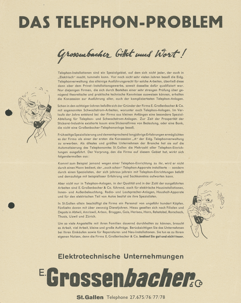 Flyer der Firma E. Grossenbacher & Co., St.Gallen, ca. 1950 (StASG ZMH 64/185e)